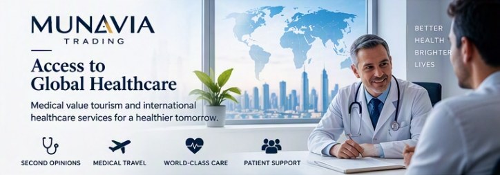 A doctor consulting a patient in a bright office with a world map behind