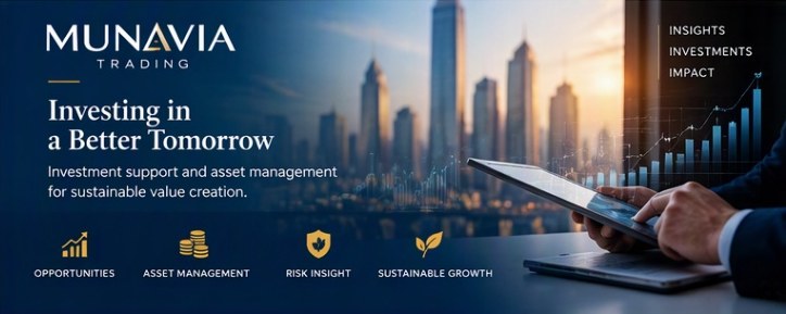 Investor reviewing growth charts on a tablet with a city skyline behind